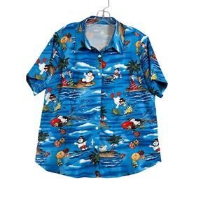 Mens XL Blue Tropical Christmas Hawaiian Shirt Snowmen Surfing Hula Short Sleeve